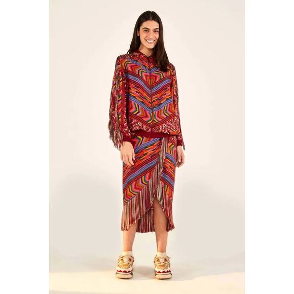 Farm Rio Red Striped Patches Bomber Jacket | Size XS / 433U - Picture 2 of 11